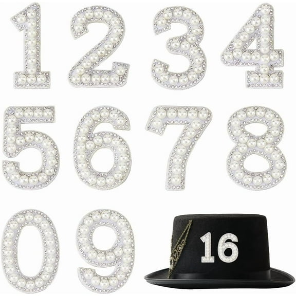 10Pcs Embroidery Patches Stickers Pearl Rhinestone Number Patches Iron on 0-9 Number White Chenille Patches Pearl Number Sticker