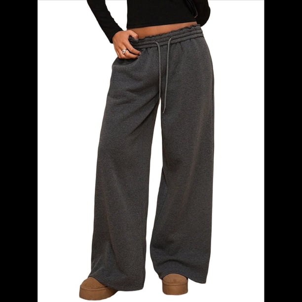 Pantalones Deportivos de Pierna para Mujer, Cintura Alta, Holgados, con Cordón Interior y Pierna Recta. Gris Carbón M