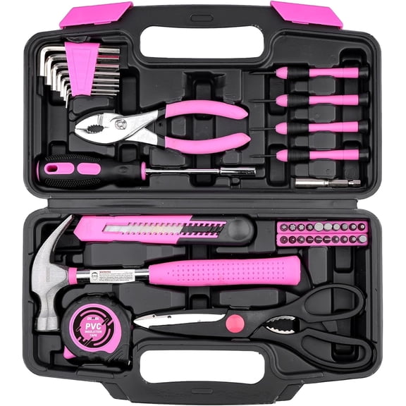 40 Pieces Home Tool Set Pink, General Household Hand Tool Kit with Plastic Toolbox Storage Case, Mini Repair Tool kit for Women, College Students, Home Use & More