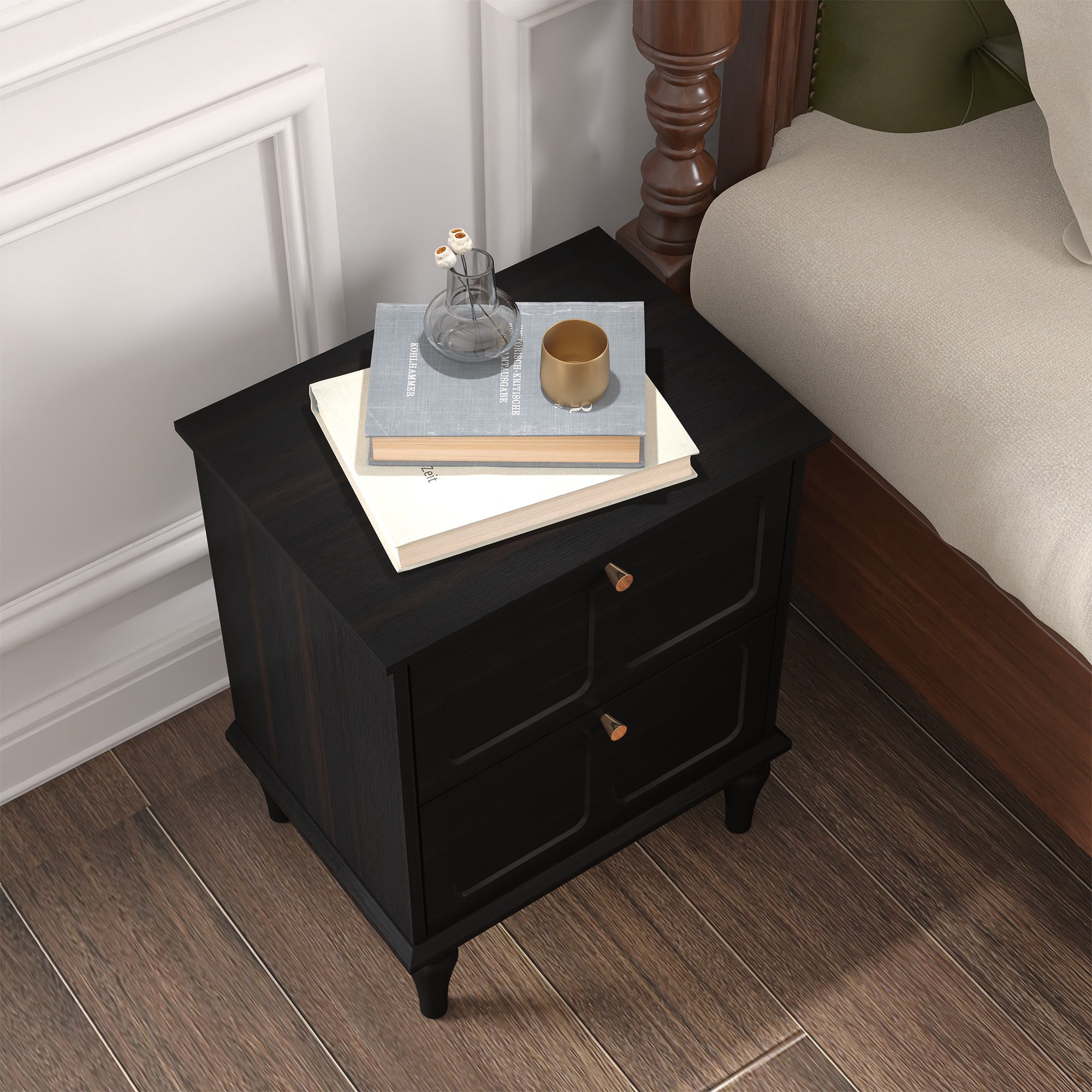 HLR 20" Mid Century Nightstands Set of 2 with Drawers, Wood Bedside Table End Table for Bedroom, Black