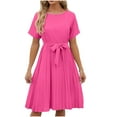 thumbnail image 7 of Clearance 2025! ZVNAΖH Womens Summer Casual Short Sleeve Swing Dress Tie Waist Knee Length Dress Crew Neck Pleated Flowy Dress, 7 of 7