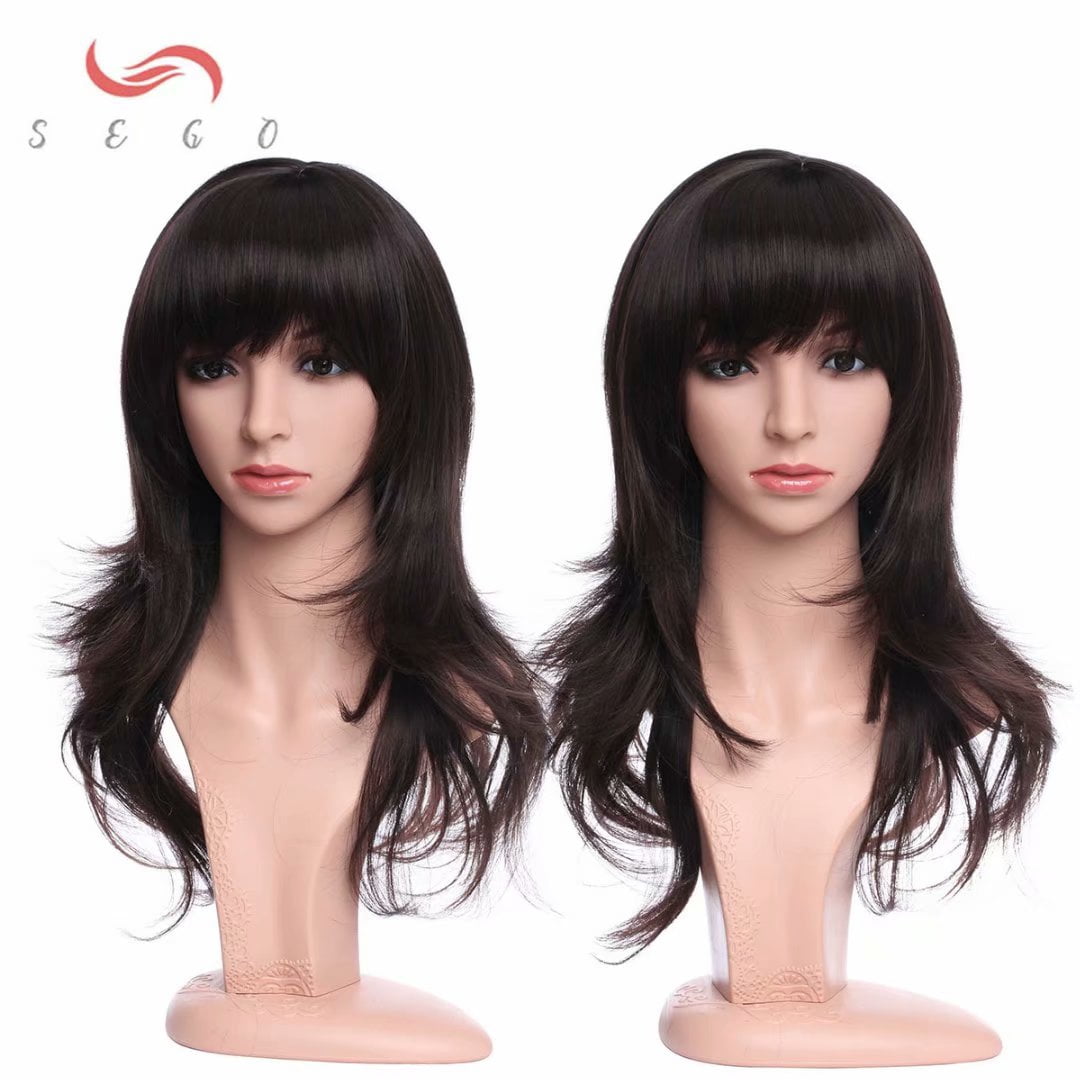 SEGO Long Curly Synthetic Hair Wig with Bangs Short Fluffy Wigs Full Head Heat Resistance Hair Wig for Women