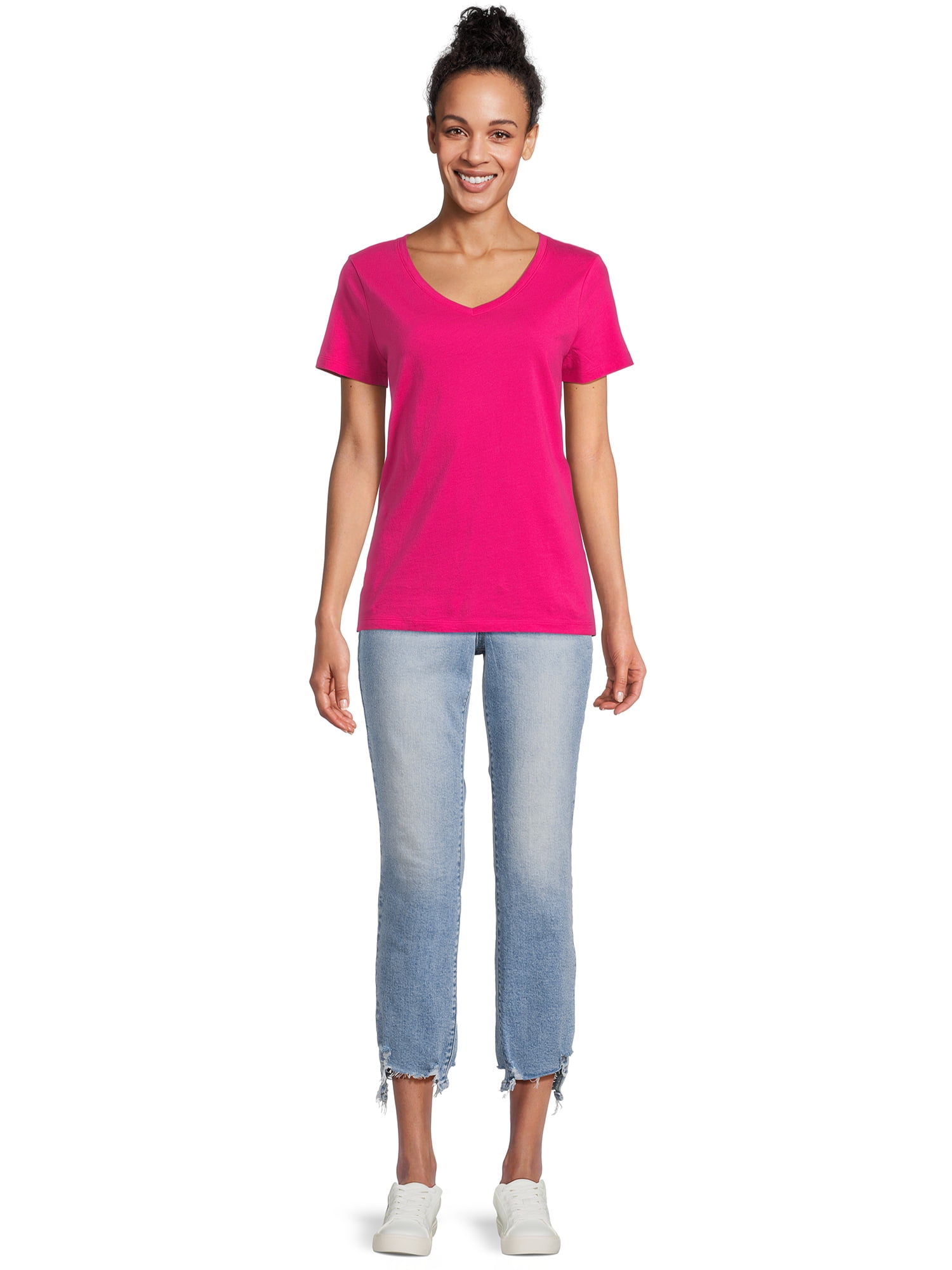 Time and Tru Women's Cotton V-Neck Tee with Short Sleeves, Sizes XS-XXXL