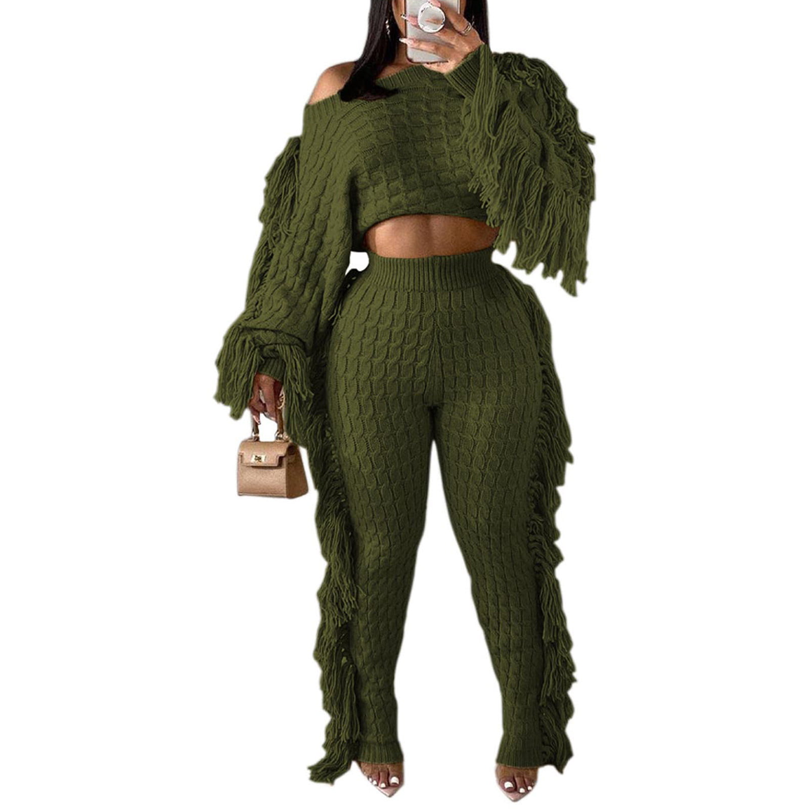 KANSOON Sweater Sets for Women 2 Piece Outfits Knit Tassels Solid Color  Long Sleeve Crop Sweaters Long Pants Sweatsuit : : Clothing, Shoes  