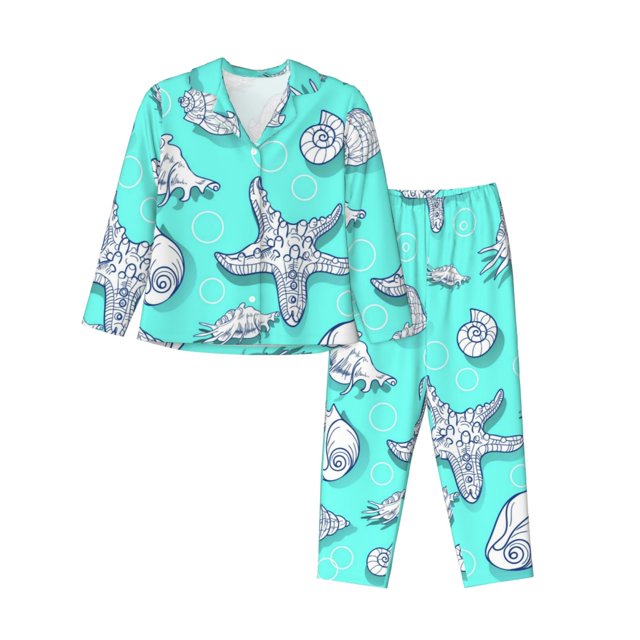 Fotbe Seashell And Starfish Conjunto de Pijama de Manga Larga para Mujer con Estampado, Ropa de Dormir de 2 Piezas, Conjunto de Casa Suave y Cómodo con Bolsillos-XX-Large