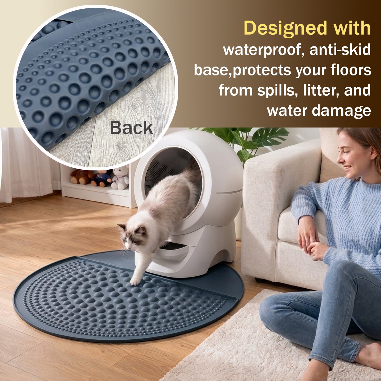 Petpals Air Bubble Cat Paw Scrub Litter Mat,32" Round Cat Litter Trapping Mat, for Double Litter Boxes, Grey