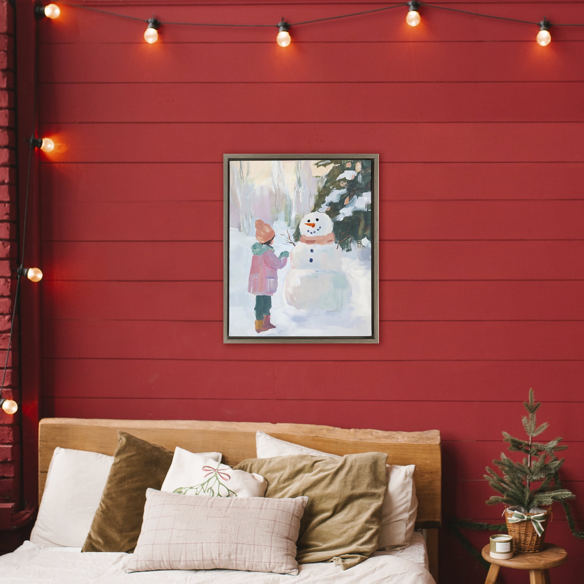 Stupell Industries Girl & Snowman in Winter Brown Framed Floater Canvas Wall Art, design by The Prints Vibe