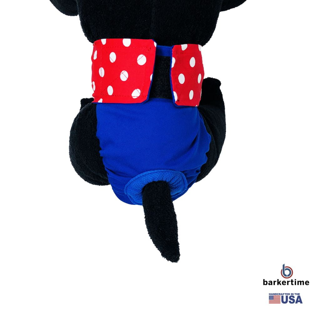 Barkertime Red Polka Dot on Blue Dog Diaper