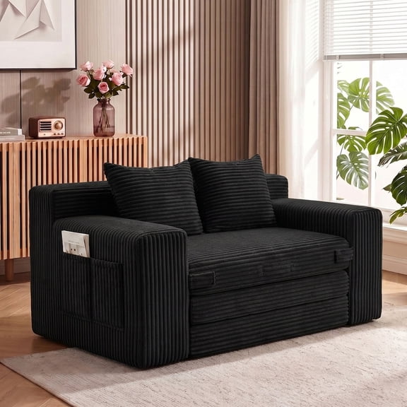 JUIKURY Boneless Loveseat Sofa Bed, 3‑In‑1 Convertible Corduroy Futon With Side Pockets, Handle And 2 Pillows, black