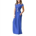 thumbnail image 2 of Women Round Neck Pure Color Long Dress with Pocket Summer Casual Short Sleeve Boho Beach Loose Dress, 2 of 3