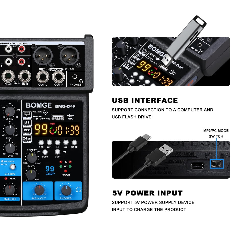 BOMGE 4 Channel mini DJ Audio Sound Mixer Interface with MP3 USB, Bluetooth, Stereo Recording, 48V Phantom Power, 24 DSP for karaoke, performance, church singing  podcas streaming-black