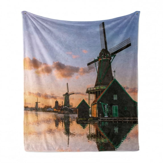 Windmill Soft Flannel Fleece Throw Blanket, Traditional Village with Canal Waterfront Dutch Architecture with Scenic View, Cozy Plush for Indoor and Outdoor Use, 70" x 90", Multicolor, by Ambesonne