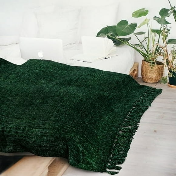 PAVILIA Emerald green chenille Throw Blanket for couch, Soft Forest green Knit Blanket with Tassel Fringe, Woven chenille Knitted Decorative Blanket for Sofa Bed Living Room, Decor gift, 50x