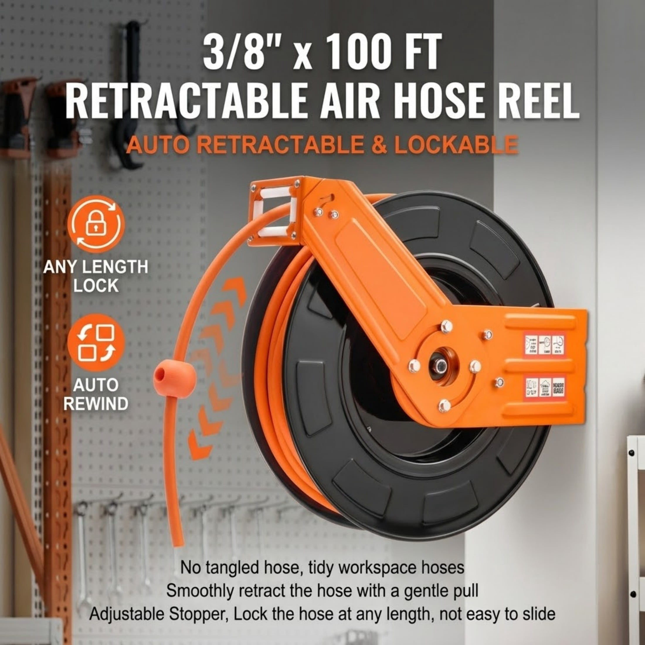 3/8" x 100 ft Retractable Air Hose Reel, 300 PSI Rubber Hose with Steel Reel