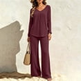 thumbnail image 5 of Cagogo Women's 2 Piece Outfit V Neck Long Sleeve Pullover Tops Wide Leg Pants Casual Set Solid Basic Lounge Sets Matching Tracksuits Travel Airport Clothes, Wine L, 5 of 8