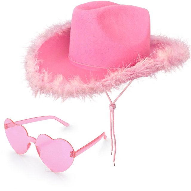 Disfraz rosa de vaquero o vaquera con gafas de sol en forma de corazón para todas las edades