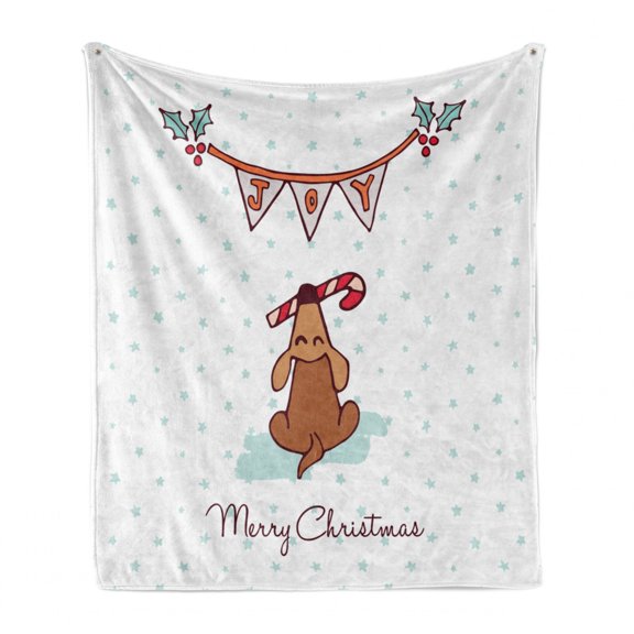 Christmas Soft Flannel Fleece Throw Blanket, Cartoon Dog with Xmas Candy Cane and Joy Written Flags on Stars, Cozy Plush for Indoor and Outdoor Use, 60" x 80", Pale Turquoise and Ginger, by Ambesonne