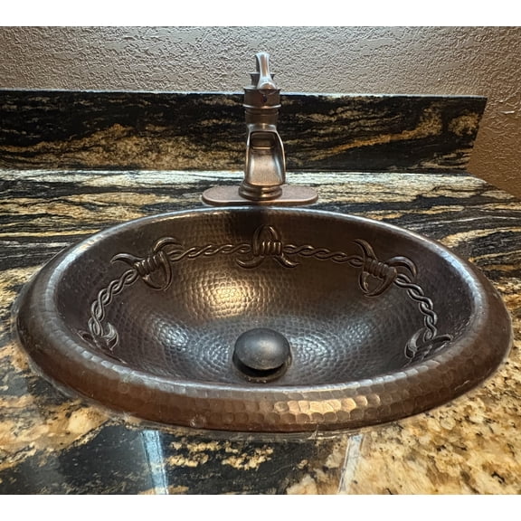16' Oval Copper Bathroom Sink Barb Wire Design, Pop-Up Drain Included
