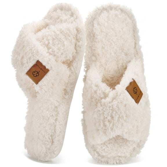Ecetana Women's Slippers Fuzzy Plush Cross Band Open Toe Cozy Warm Indoor Non-Slip House Shoes