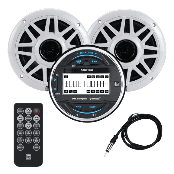Dual Electronics MXPGH52 Gauge Hole Marine Boat Radio Kit, Bluetooth, 2 6.5" Speakers, Remote, Antenna, IPX6