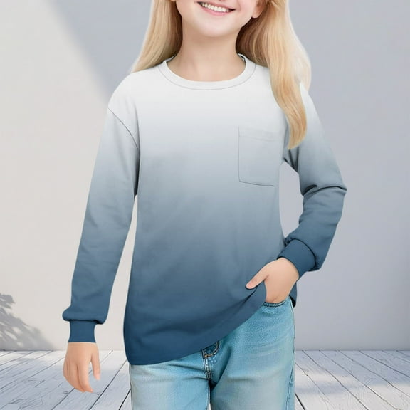 YUNAFFT Girls Gradient Long Sleeve Shirts Stretchy Soft Round-Neck Blouses for 4-14Y