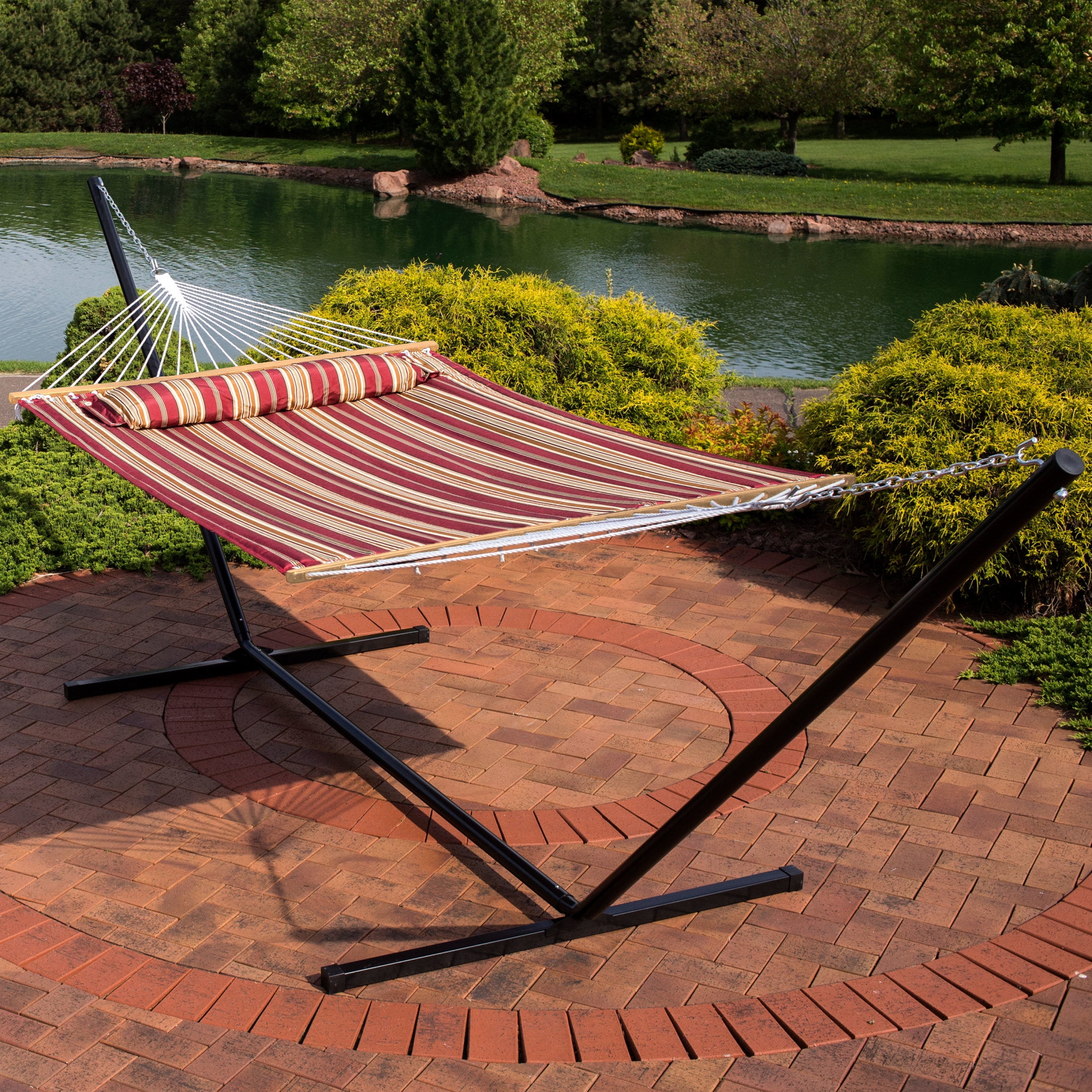 Sunnydaze 2-Person Quilted Polyester Spreader Bar Hammock with Stand, 400 lb Capacity - Red Stripe