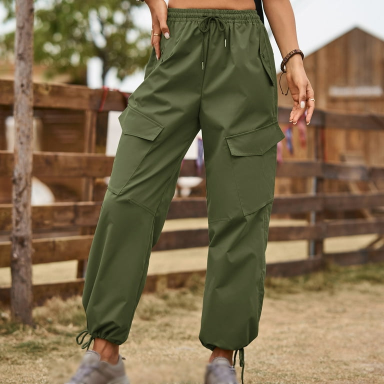 Hvyesh Women's Cargo Pants Baggy Summer Hiking Parachute Pants High Waisted  Drawstring Ankle Cuffs Trouser Hiking Workout Pant Army Green L 