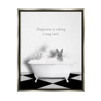 Stupell Industries Happiness is Long Bath Bunny Animals & Insects Painting Gray Floater Framed Canvas Art Print Wall Art, 25 x 31