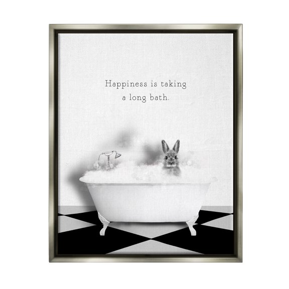 Stupell Industries Happiness is Long Bath Bunny Animals & Insects Painting Gray Floater Framed Canvas Art Print Wall Art, 25 x 31