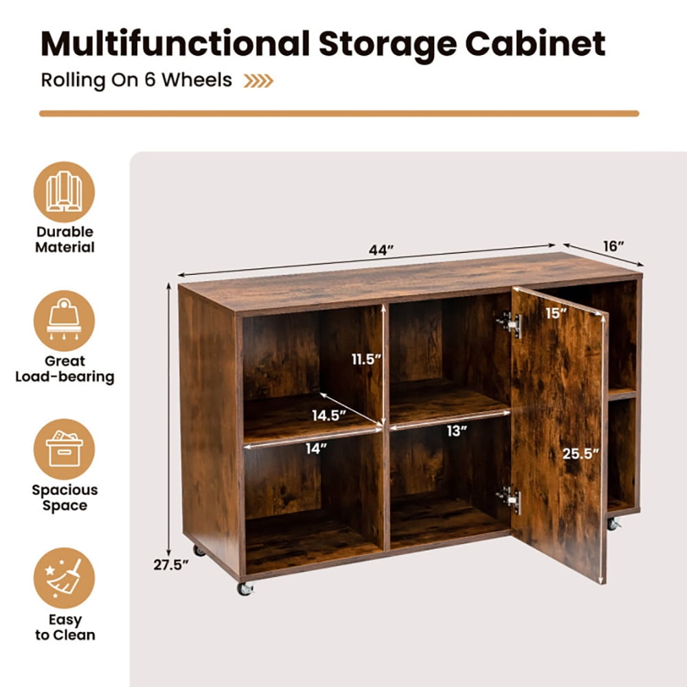 Finihen Storage Cabinet, Wood Storage Cabinet with Wheels and 6 Compartments, for Living Room, Rustic Brown