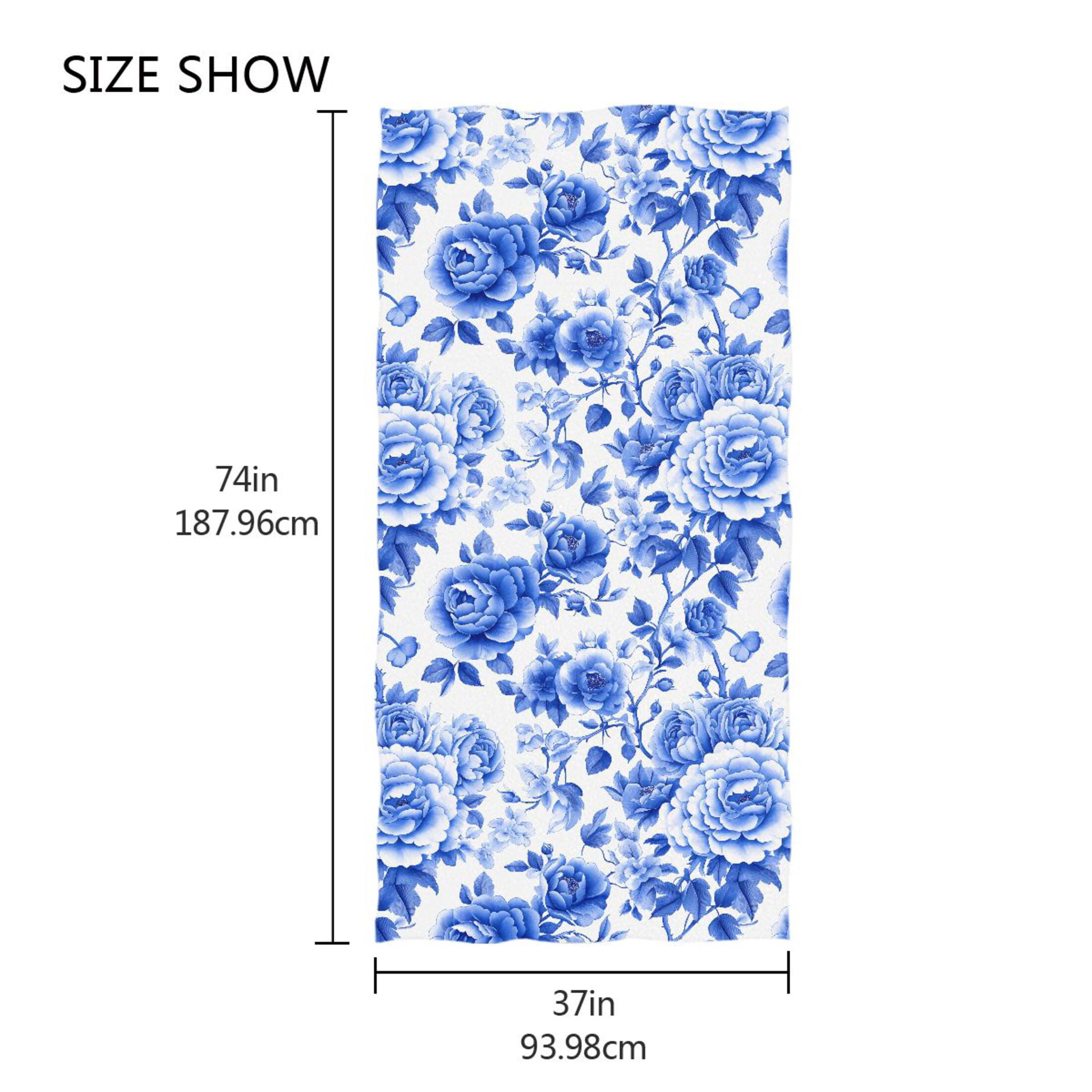 Oversized Beach Towel Extra Large Absorbent Microfiber Bath Towels Soft Quick Drying Blue White Porcelain with Roses 74"x37"