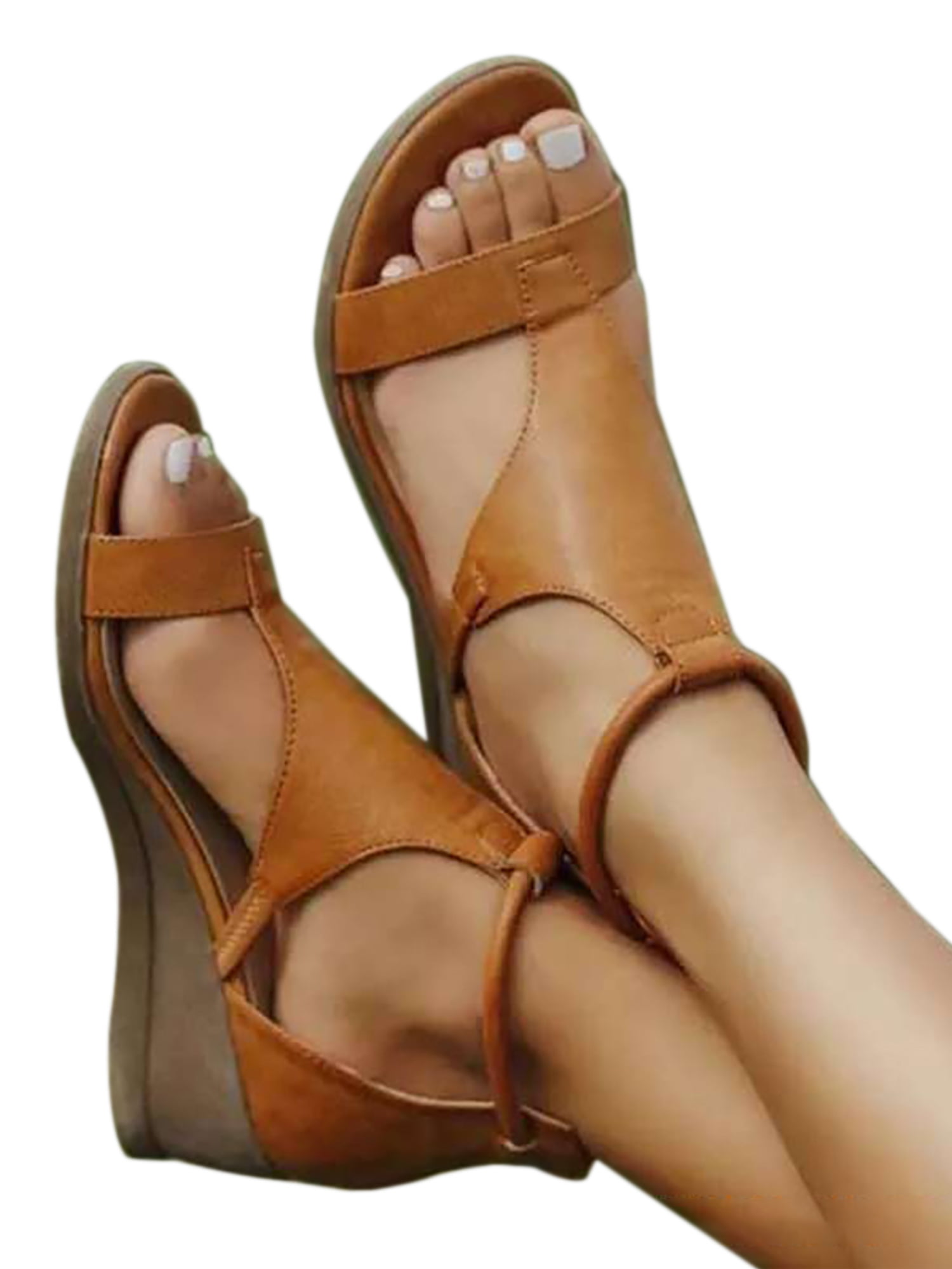 Womens Faux Leather Sandals Criss-Cross Open Toe Elastic Strap Summer Shoes Casual Soft Platform Wedge Shoes