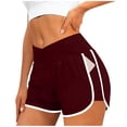 thumbnail image 2 of Feancey Running Shorts for Women Crossover Waist Casual Workout Shorts Summer Fashion Color Block Track Shorts with Side Pockets Wine L, 2 of 5