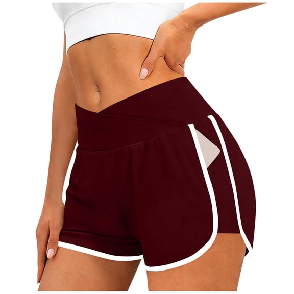 Olyvenn Women's Crossover Waist Dolphin Shorts Contrast Piping Athletic Workout Shorts Wine L