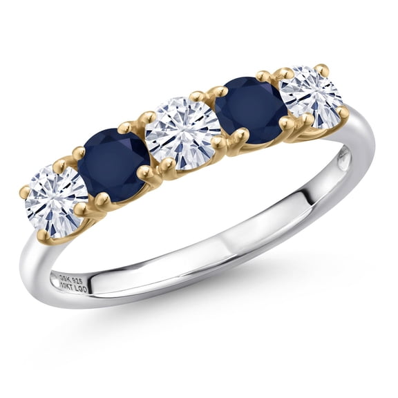 Gem Stone King 925 Silver and 10K Yellow Gold White Moissanite and Blue Sapphire Wedding-Bands Ring for Women | 1.39 Cttw | Round 4MM | Gemstone Birthstone | Size 8