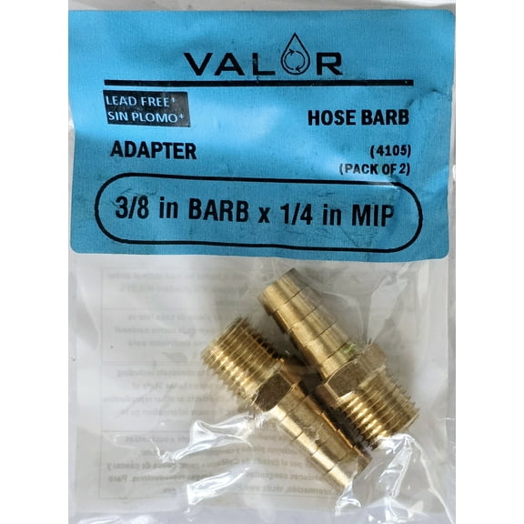2 Pack- Valor 4105-2B Brass 3/8" Barb x 1/4" MIP Adapter Hose Fitting for Air/Gas/Fuel/Oil