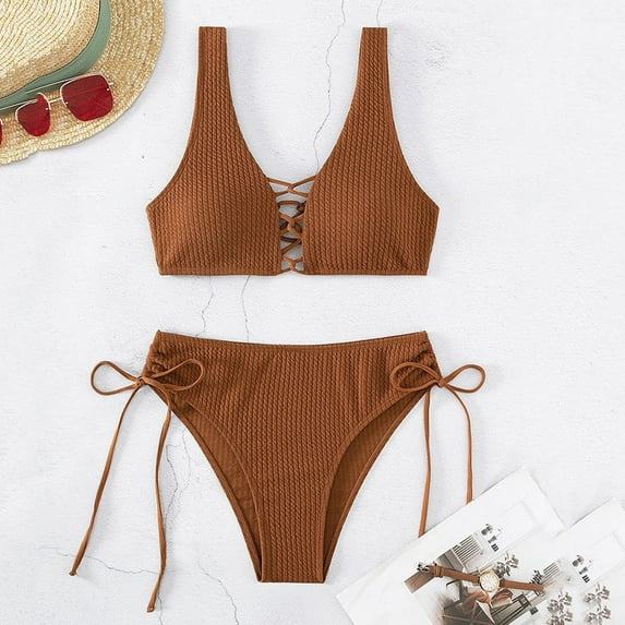 Aayomet Womens Bikini High Waisted Swimsuits Two Piece Bathing Suits Tummy Control Swimwear,Brown XL