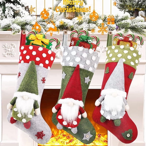 3-Piece Christmas Gnome Stockings Set, Plush Scandinavian Tomte Elf Holiday Stockings for Fireplace Mantel, Christmas Tree and Home Decor