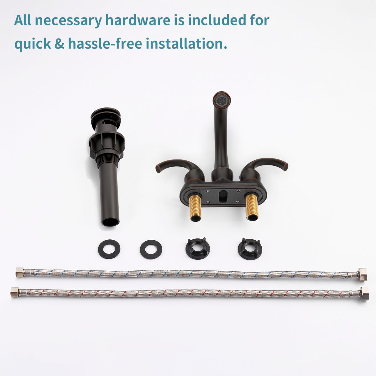 Bathroom Faucet 2-Handle Oil Rubbed Bronze with Aerator, Swan Style 4-inch Centerset Vanity Sink with Pop-Up Drain and Supply Hoses