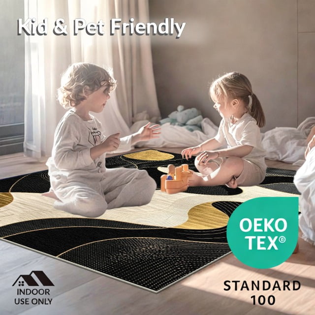 ODIKA 6'x9' Machine Washable Non-Slip Area Rug, Lezlee Contemporary Black & Gold Swirls Modern Design High Traffic Rug, Black, 129310