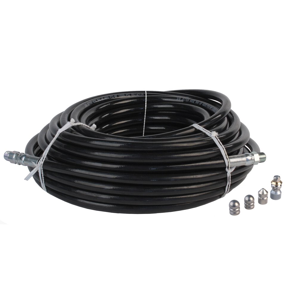 Sewer Jetter Hose & 4 Nozzles 3/8"x 100' 4800 PSI & 4.8 Button Nose