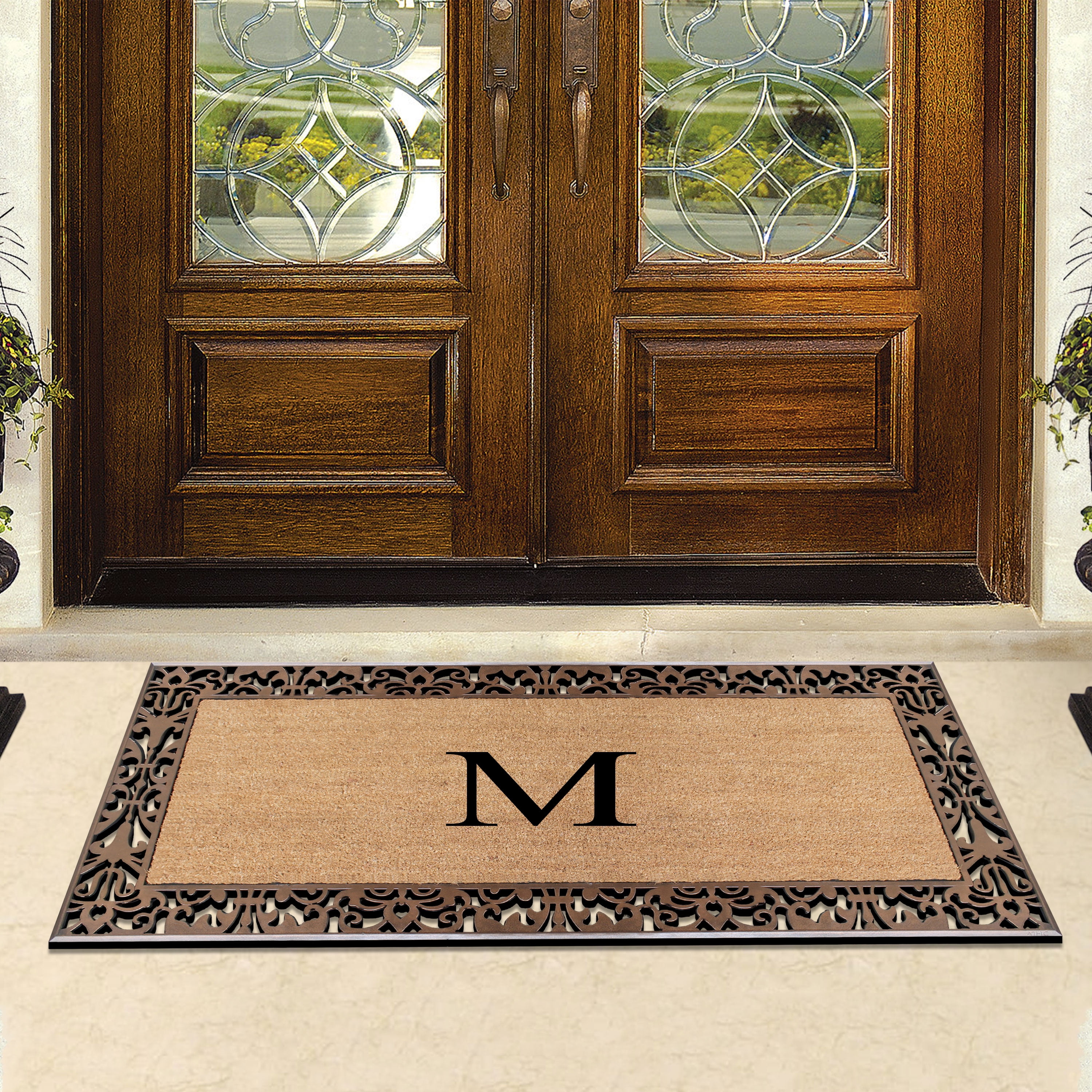 A1HC Natural Coir and Rubber Paisley Monogrammed Doormat, 30"x60", Heavy Duty Outdoor Front Door Mat, Durable Easy-Clean Bronze Rug