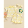 thumbnail image 3 of Musuos Baby Girls 3Pcs Summer Outfits 6 12 18 24M 3Y Short Sleeve Daisy Pattern T-shirt + Drawstring Shorts + Headband Set Casual Clothing for Toddler, 3 of 9