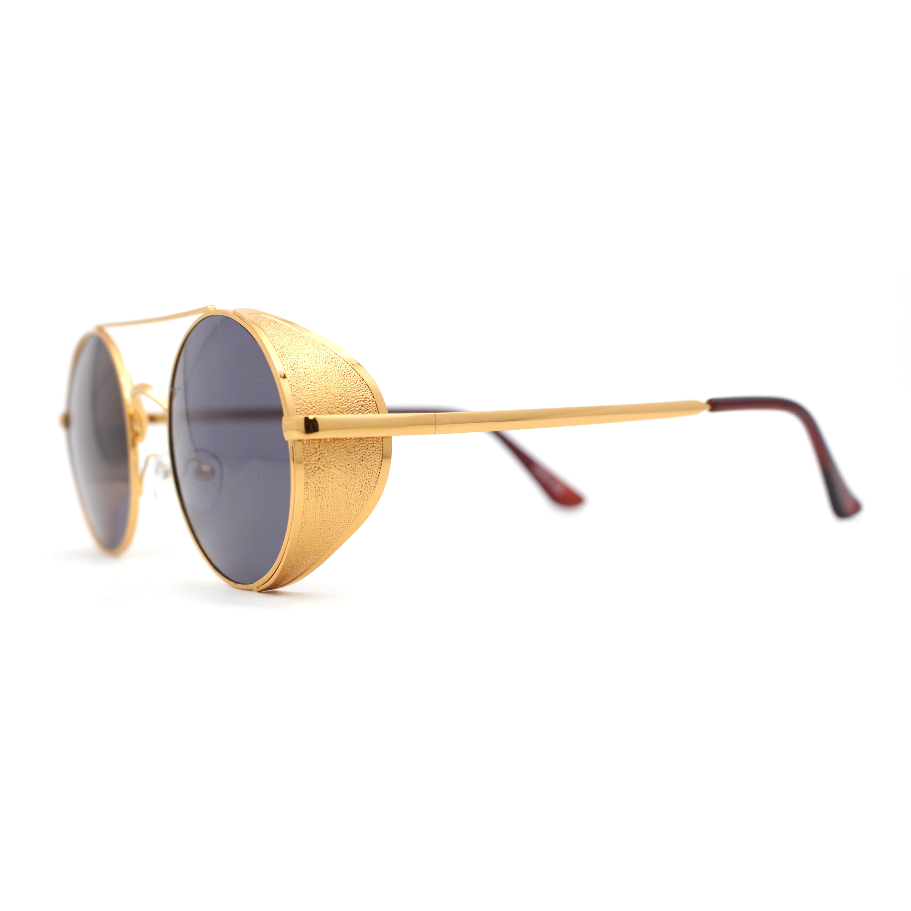 Circle Sunglasses - Retro Side Round Cafe Windbreaker Black Double Racer Lens Yellow Gold Bridge