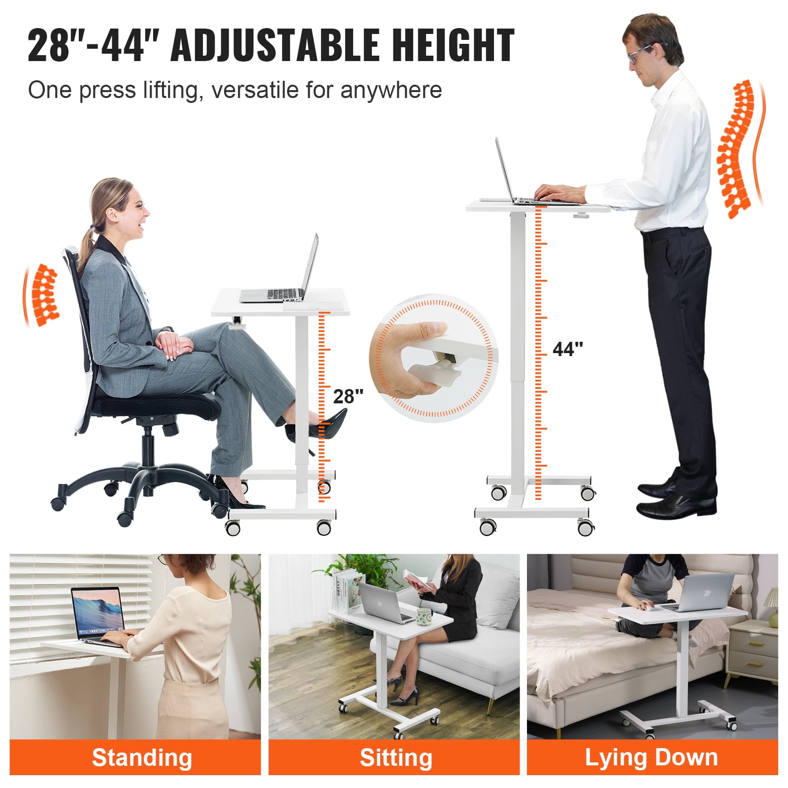 KFFKFF 28"-44" Gas-Spring Height Adjustable Sit-Stand Desk, Mobile Standing Desk, 4 360° Swivel Wheels (2 Lockable) Portable Rolling Laptop Table Computer Cart, 40LBS Loading