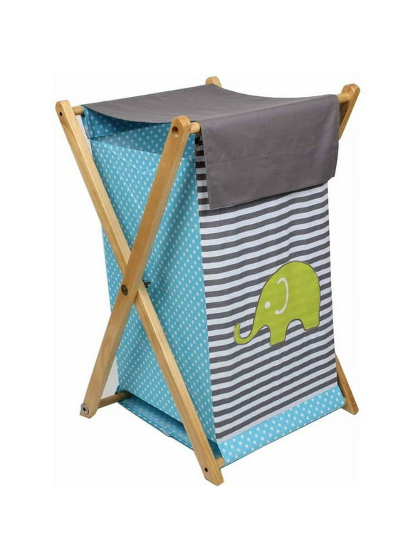 Bacati - Elephants Hamper with Cotton Percale cover, mesh liner and Natural Color Wooden frame, Aqua/Lime/Gray