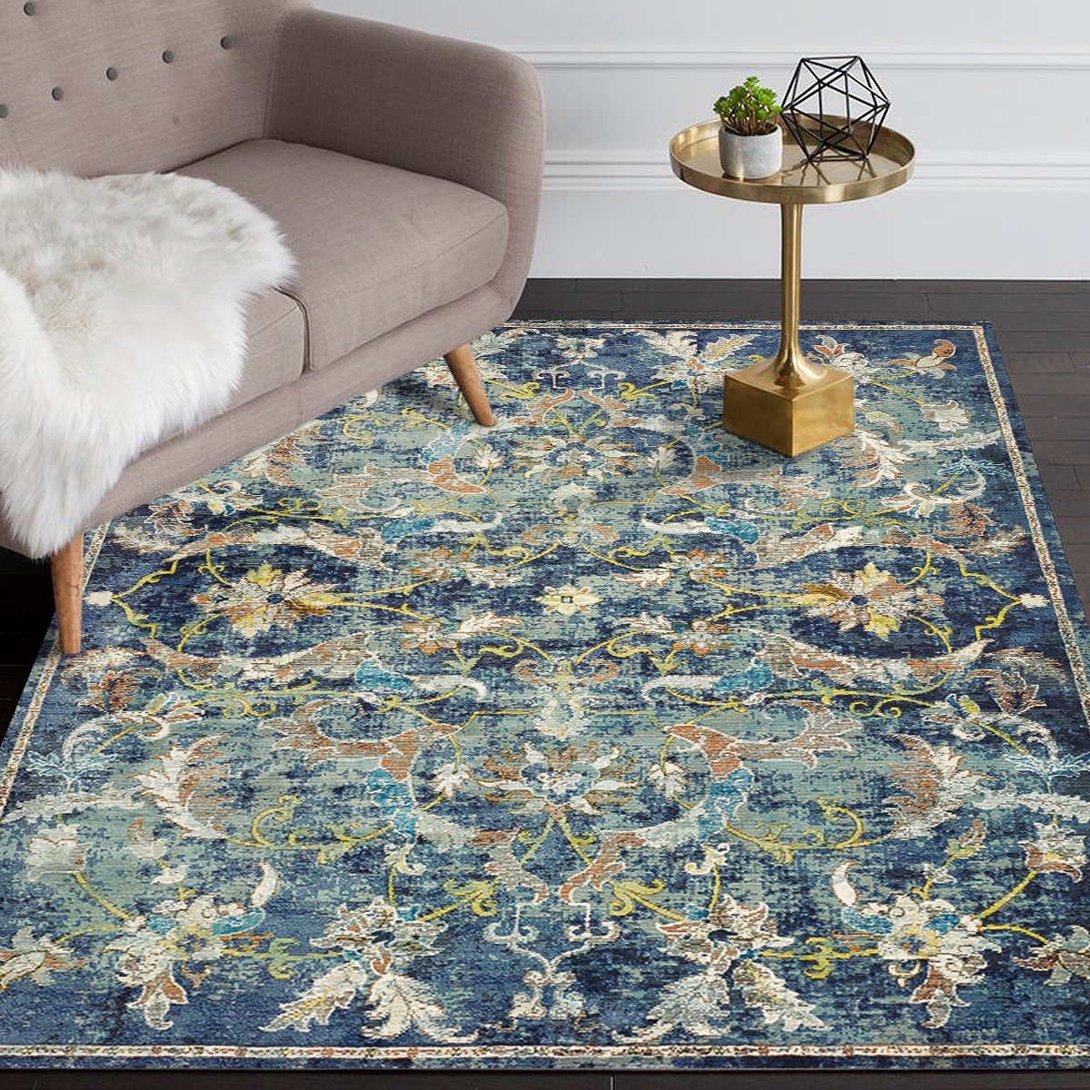 LR Home Gala Distressed Floral Blue Navy Multi Indoor Area Or Runner