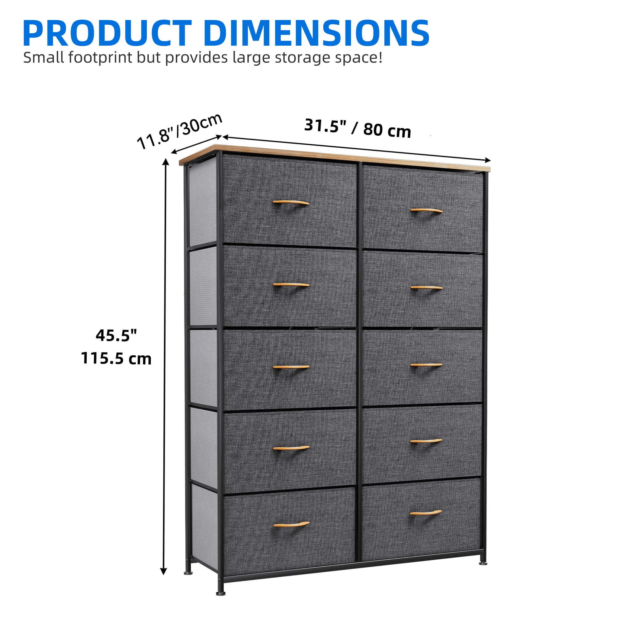 Uforic 10-Drawer Fabric Dresser for Adults, Tall Storage Chest with Steel Frame & Wooden Top, Gray
