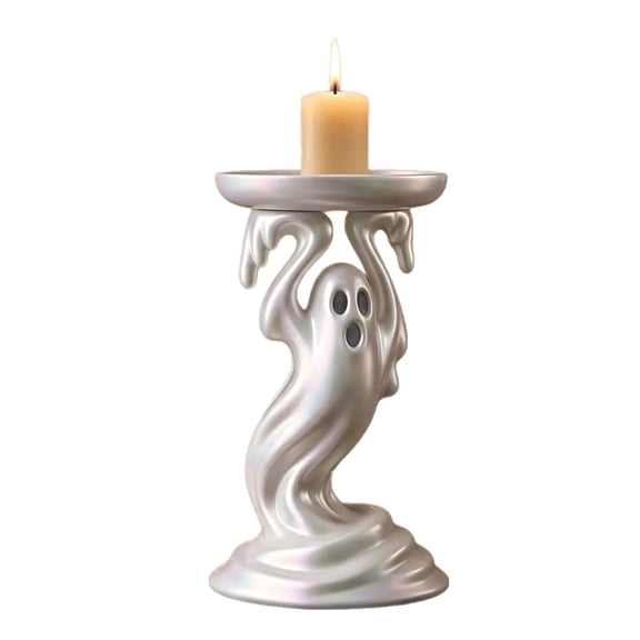 Halloween Ghost Candle Holder, Pearlescent Resin Ghost Statue with Candle Tray, Spooky Tabletop Decor for Mantel, Shelf & Home