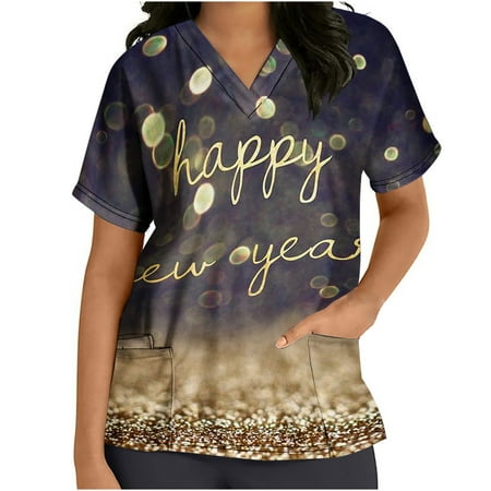 

Happy New Year Printed Scrub Tops for Women Short Sleeve Casual V Neck Working Uniform Blouse Comfortable Durable Scrub Shirt with Pockets